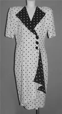 VTG Tareti Black White Polka Dots Layered Lapel LRG Buttons Dress Wms 12 NWT $98 • $42.99