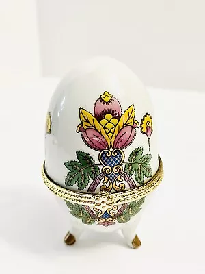 Vintage 4” Hinged Porcelain Egg Painted Flowers Trinket Box Gold Trimmed Paris • $13