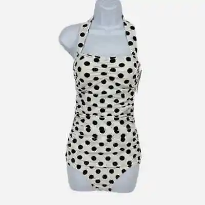 Vintage Style Swimsuit In White With Black Polka Dots Scrunch Halter Size S • $20