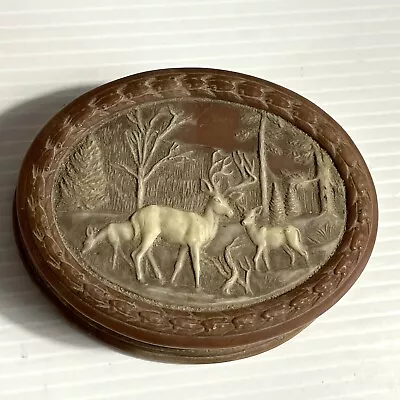 Vintage Genuine Incolay Stone Hinged Oval Jewelry Trinket Box  Deer Scene 5  • $44.99