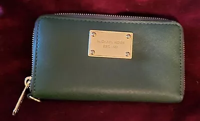 EUC-Michael Kors Jet Set Travel Zip Hunter Green Leather Wristlet Clutch Wallet • $47