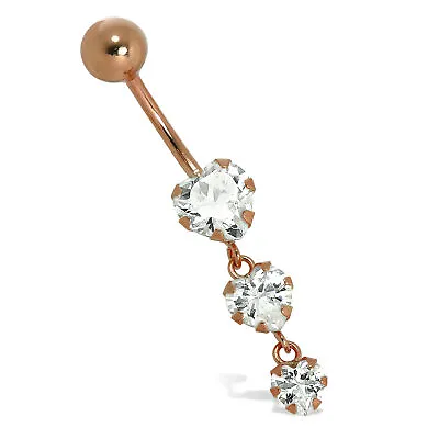 9ct Rose Gold & Clear CZ Crystal Triple Heart Belly Bar Body Jewellery • £75