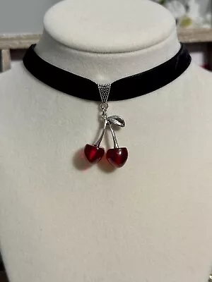 Red Cherry Choker Necklace Black Lace Velvet Vintage Bohemian Silver Brand New • $14