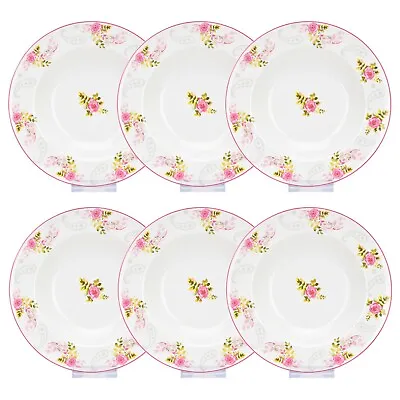 SET OF 6 Pink Roses Porcelain Soup Plates Floral Bone China Plates 8.5  • $27.97