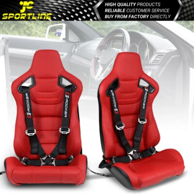 $407.99 • Buy Universal X2 Reclinable Racing Seat & Double Slider & Belt Red PU Carbon Leather