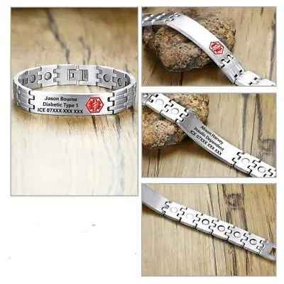 Personalised Medical Alert Bracelet Engraving Stainless Steel ID Name 20cm ICE • £29.99