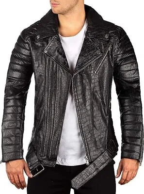 Men's Real Leather Crocodile Embossed Black Motorcycle Jacket Biker Jacket • $163.99