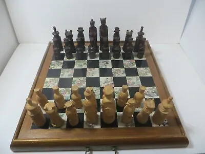 Vintage Oriental Folding Chess Set - Carved - 17  Inlaid Tile Board - READ • $39.99