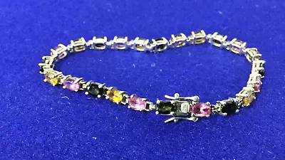 Lovely STS Sterling Silver 925 Multi Colors Gemstones Tennis Bracelet 7 1/2 ! • $21.99