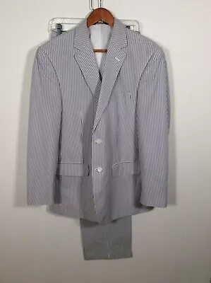 Jos A Bank Seersucker Suit 41R 34x29 Stay Cool Cotton Blue White Tailored Fit • $89.77