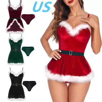 US Womens 3Pcs Christmas Outfits Mrs Santa Claus Mini Dress With Briefs Belt • $13.55