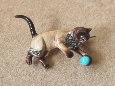 £59.55 • Buy Vintage Marcasite Rhinestone Siamese Cat Brooch White Metal Blue Topaz Eyes