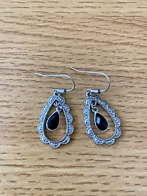 Middle Eastern Drop Earrings/Silver Colour & Black Stone/with Organza Gift Bag • $6.31