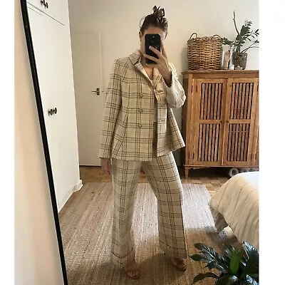 Vintage One Of A Kind Wool Pant Suit 50s 60s Plaid Wide Leg Viktoria Wood Jacket • $400