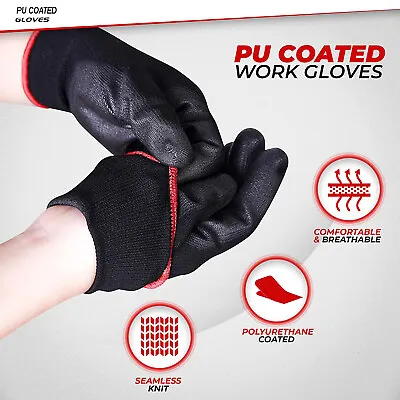 Black Nylon Pu Coated Safety Work Gloves Gardening Builders Mechanic Grip • £13.49