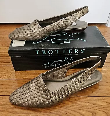 Trotters Womens Leanna Woven Leather Slingback Low Heel Flats Pewter US 9.5 N • $15.99