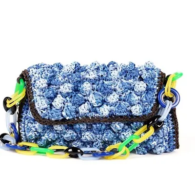 M Missoni Raffia Bag With Acetate Chain Link Strap Blue Multicolor • $295