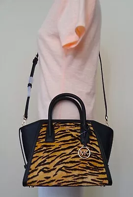 Michael Kors Avril Brown Multi Tiger Print Calf Hair Small Top Zip Satchel XBody • $149.98