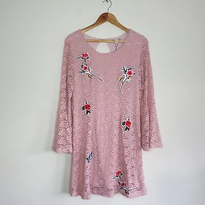 Yumi Pink Lace Dress With Embroidered Flowers Flared Sleeve SIZE 14 NEW • £19