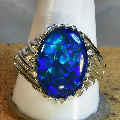 Mans Solid 925 Silver BIG!! Genuine Australian Opal Ring (16937) • $352