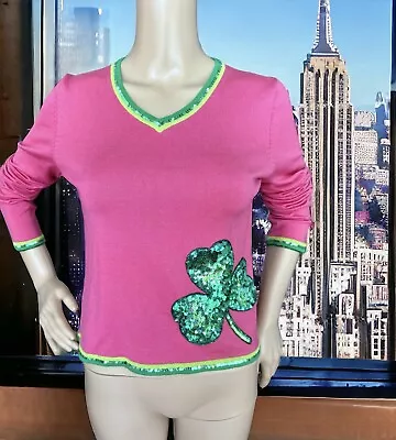 MICHAEL SIMON Event Sequin Beaded Pink Sweater Top S Green Shamrock St Patrick's • $32.99