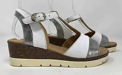 New Padders Size 6 (39) Blossom White & Silver Leather Tbar Wedge Summer Sandals • £22.99