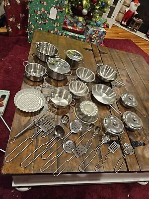 Huge Lot 31 Play Kitchen Mini Stainless Steel Play Pots And Pans Utensils • $34.99