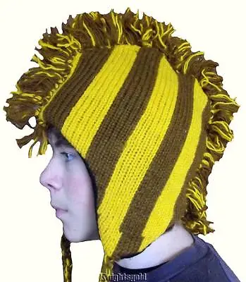 Beanie Mohawk YELLOW TAN HAWKS Hat Hand Knit 100% Wool Winter Polyfleece Lined • $7.96
