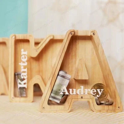 Wooden Letter Shape Piggy Bank Handcrafted Saving Money Coin Box Kids Toy Gift • $19.79