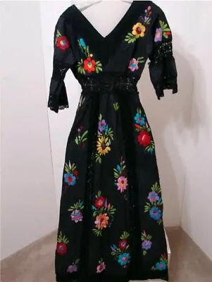 Vintage Oaxacan Dress Mexican Hand Embroidered Crochet Cut Out Black Dress M. • $350