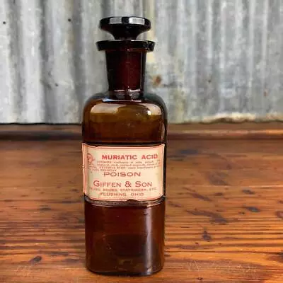 Vintage MURIATIC ACID POISON Glass Amber Brown BOTTLE Stopper Apothecary Lab • $45