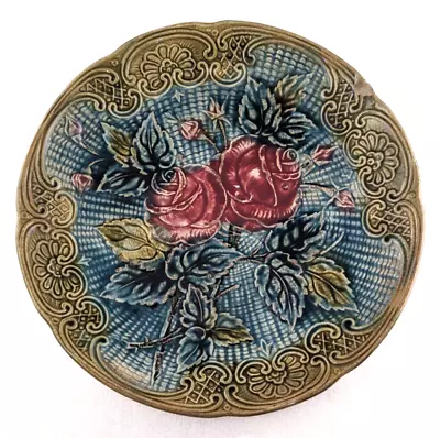 Antique 1890s Wasmuel Majolica Plate 10” Pink Roses Scroll Green Blue - Flawed • $15.75