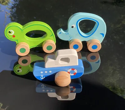 £5.99 • Buy 3 X Push Along Wooden Toys Turtle Elephant And Ship Addo Perfect