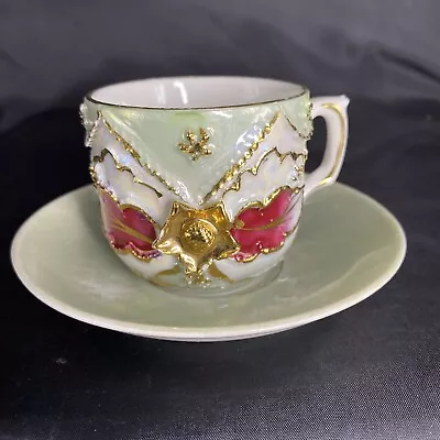 Vintage German Demi Tasse Cup And Saucer W Raised Floral Design Gold Accents • $13.87