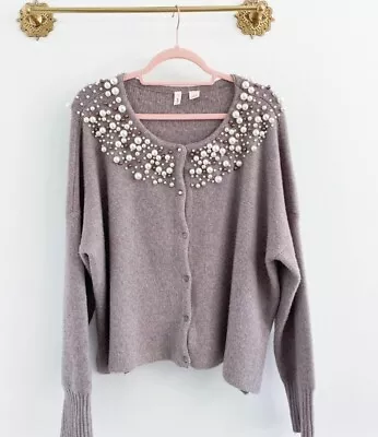 Moth Anthropologie Womens Alpaca Beaded Cardigan Sweater Size Large Taupe Knit • $43.40