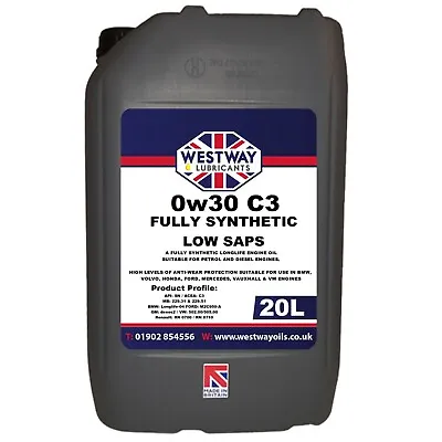 20L 0W30 C3 Fully Synthetic Engine Oil 0w/30 C3 - 20 Litres LOW SAPS • £79.99