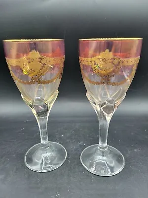 2 Antique Bohemian Moser Roemer Style Cranberry Pink Gold Wine Glass Gilded • $50