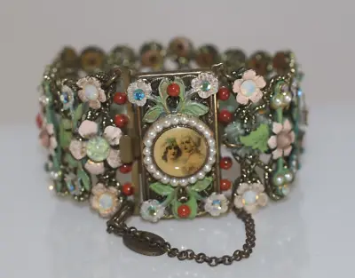 Vintage Michal Negrin Wide Statement Bracelet Enameled Flowers Crystals Vicorian • $199.99