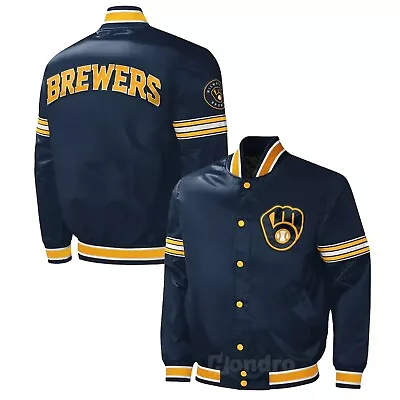 Men's Mil Brewers MLB Neavy Satin Varsity Jacket Full Snap With Embroided Logos • $80