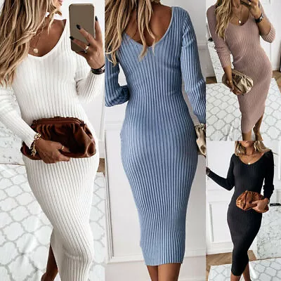 $26.31 • Buy Women Winter V Neck Jumper Midi Dresses Ladies Casual Party Bodycon Slim Dress