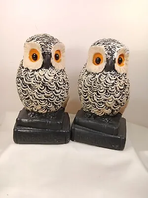 1956 Chalkware Flocked Figural Wise Owls Bookends   Knowledge  . • $16.98