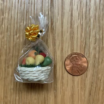 Vintage Dollhouse Miniature Artisan Fruit Gift Basket W/ Yellow Bow Wrapped OOAK • $27.29