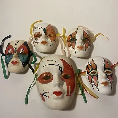 Vintage Mardi Gras Porcelain Ceramic Painted Face Mask Set Of 5 Good Con. Unique • $25