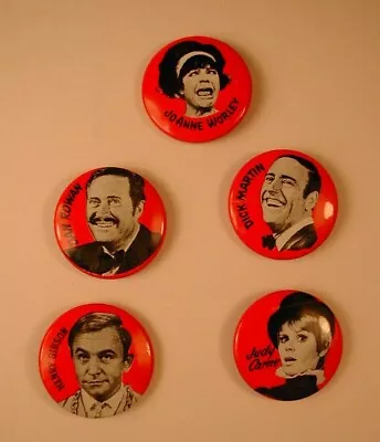 (5) NOS 1969 Rowan & Martin's LAUGH-IN Pins Buttons Ed Schlatter Ed Friendly Red • $24.99
