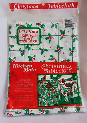 Vintage Christmas Vinyl Tablecloth Rectangle 54X72 Inches Kitchen Mate Holly NOS • $12.95