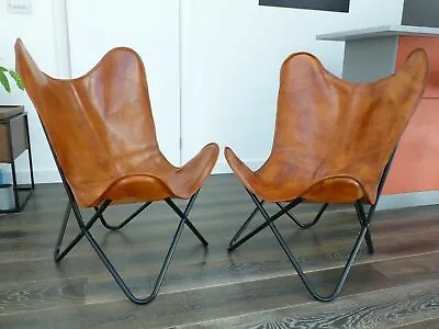 2 Handmade Vintage Leather Butterfly Relax Arm Chair Sleeper Seat Folding Chair  • $268.19