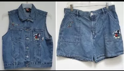 Vintage Disney Mickey Unlimited Embroidered Denim Vest And Shorts Set Sz Large L • $80