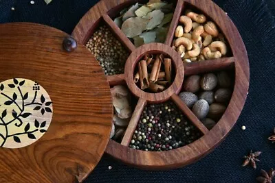 Handcrafted Wooden Spice Box With 7 Compartments & Spoon Sheesham Masala Dabba • $55