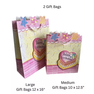 2 Gift Bags L & M Printed 3D Happy Birthday W Handle Cake Theme Pastel Heart • £2.40