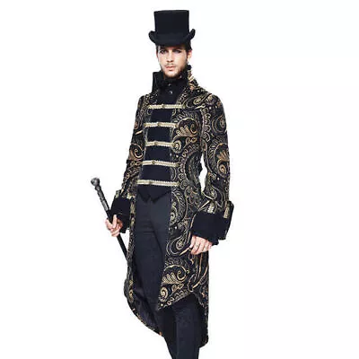 Steampunk Men High Collar Long Sleeve Coats Punk Brown With Gold Slim Overcoats • $178.99